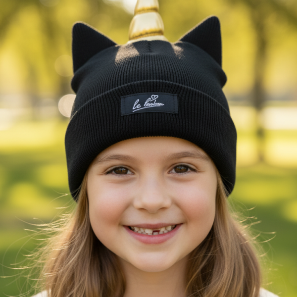 Czapka dziecięca beanie Le Bonbon musztardowa z uszkami